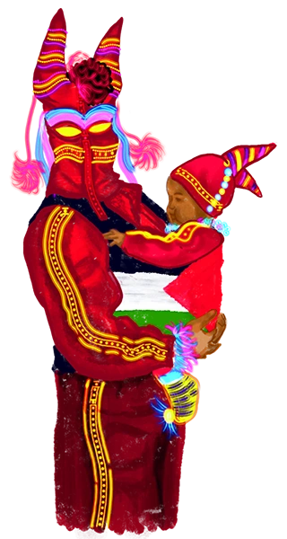 El diablo del carnaval cargando a un niño en brazos