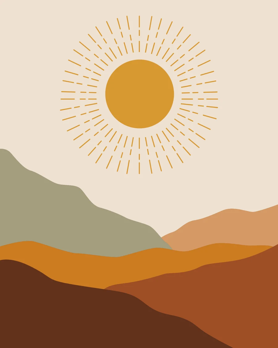 Ilustración bohemia de un sol radiante sobre cerros de colores tierra